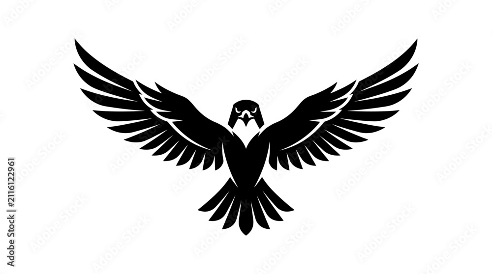 Fototapeta premium Majestic Falcon Silhouette Spreading Wings in Flight, Black and White Bird of Prey Icon on White Background