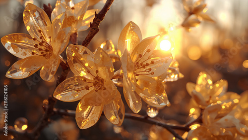 黄金の夕陽に照らされるシトリン水晶の黄梅の花枝