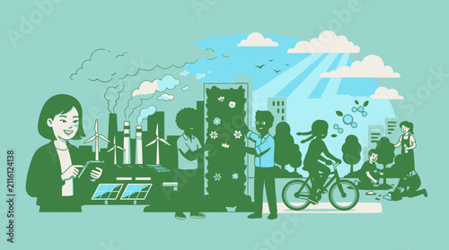 Diverse people embrace sustainable urban living with renewable energy and green spaces, promoting environmental care and eco-friendly lifestyles.