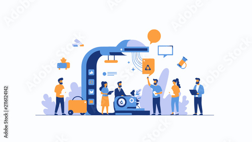 Teamwork and Collaboration in Modern Business Environment, Innovative Technology Concept, Flat Design Illustration