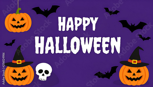 Halloween Illustration With Pumpkins Bats And Skull On Purple