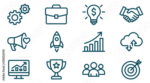 Business growth and startup strategy icons.