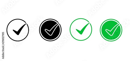Checkmark in circle icon set. Tick mark symbols for approval and success in black and green colors, solid and outline styles. Vector illustration.