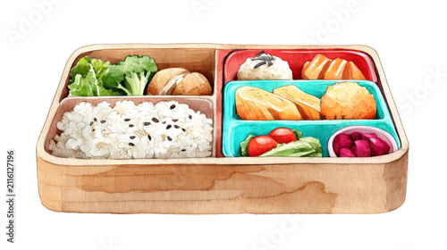 Colorful japanese bento box with rice, vegetables, and fish - watercolor style