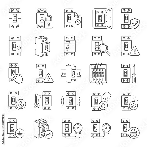 Electrical switches and circuit breaker line icons for safety and maintenance.