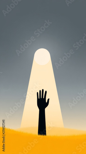 Silhouette of a raised hand reaching toward light in a field at dusk