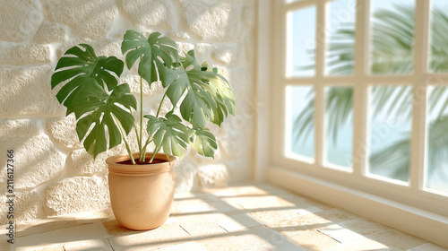 Sunlit monstera plant in a cozy room with stone wall and window view