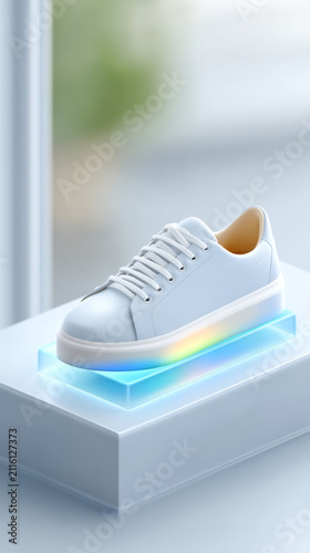 Futuristic white sneaker with glowing sole on display stand