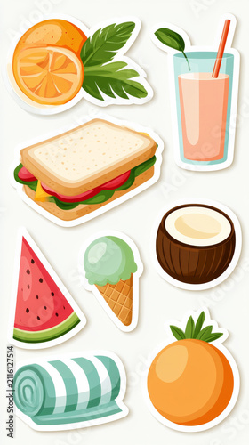 Colorful cartoon stickers of refreshing summer fruits and snacks