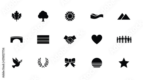 Collection of minimalist black icons representing nature symbols with monochromatic set sixteen universally recognizable icons arranged grid