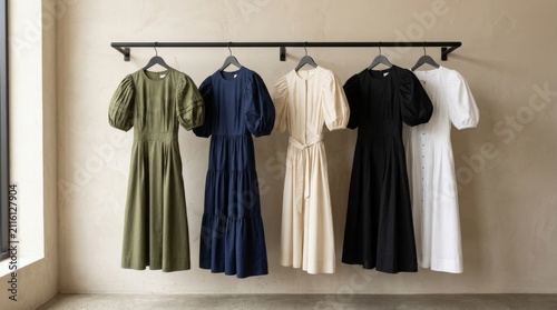 A collection of elegant dresses in various colors hanging on a rack in a boutique.