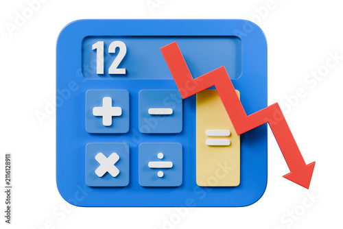 3d calculator downward arrow icon. financial decline concept. minimal cartoon loss chart for accounting and business analytics. isolated on white transparent background. 3d render.