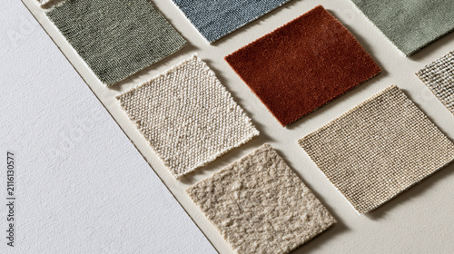 Fabric Swatch Sample Collection on Neutral Background, Textile Material Photography