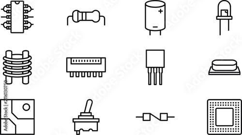 Obraz na plátně Electronic components and hardware line icon vector set featuring resistor capac