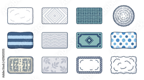 Collection of various decorative rugs and mats with different patterns and textures in blue and white color palette, top view