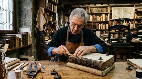 Experienced artisan meticulously repairs and preserves antique books in a traditional bookbinding workshop, safeguarding historical knowledge and literary heritage