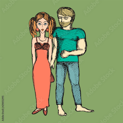 A guy stands next to a girl and holds her hand. Doodle, squiggle, rough sketch. Vector illustration