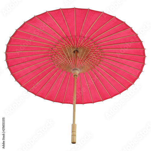 A beautifully crafted pink parasol with intricate floral designs on a wooden handle