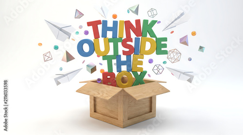 Dynamic 3D Think Outside The Box Typography Emerging From Wooden Gift Box With Geometric Paper Airplanes And Confetti