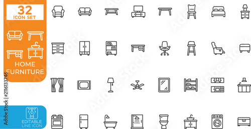 Vector illustration line editable Icons set. featuring icons of various home furniture, appiliance, decoration and more. Editable stroke. Vector illustration on transparent background.