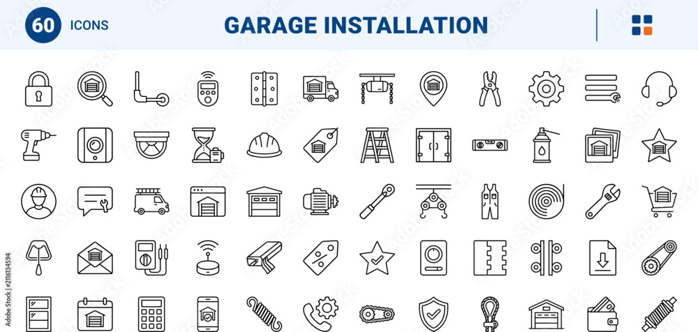 Fototapeta premium Smart garage installer line icon set. Vector pictograms of equipment, tools, interface, and trust elements, thin linear illustration.
