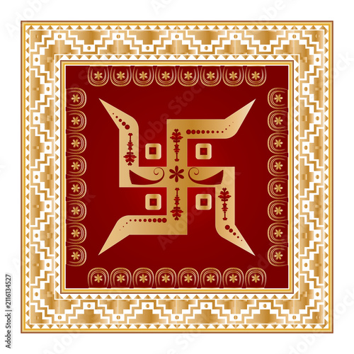 Premium Golden Hindu Swastik with Traditional Decorative Frame Luxury Vector Illustration