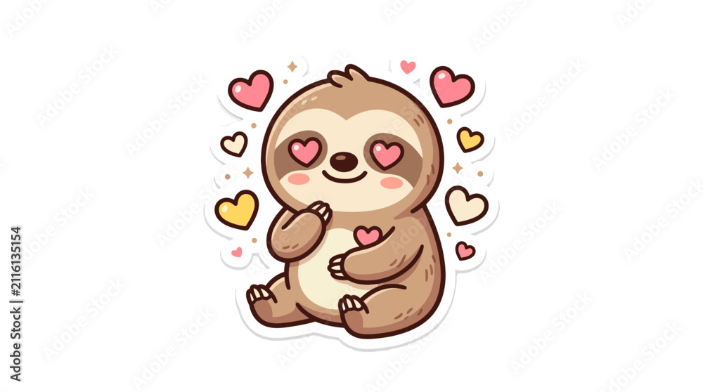 Fototapeta premium Adorable Cartoon Sloth with Heart Eyes and Pink Hearts