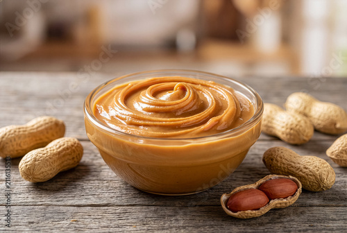 Creamy peanut butter bowl with swirl top and whole inshell peanuts on rustic wooden table