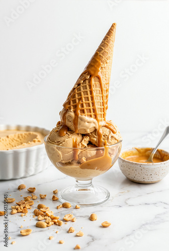 Peanut butter ice cream scoops in glass bowl topped with inverted waffle cone and caramel drizzle on marble table