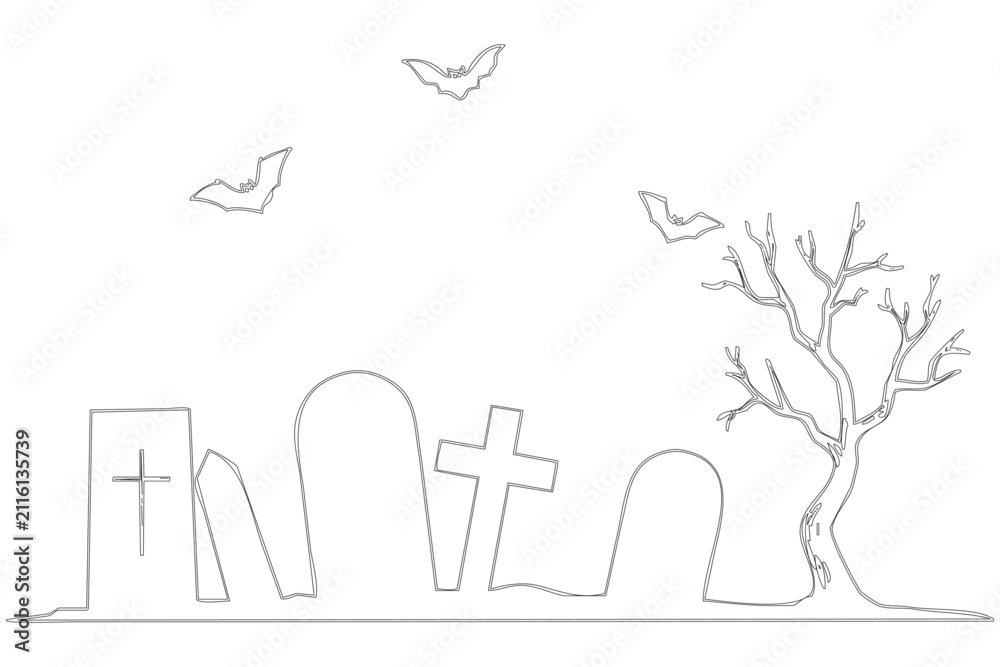 Fototapeta premium Halloween Cemetery Line Art Vector Illustration with Ghosts and Ba
