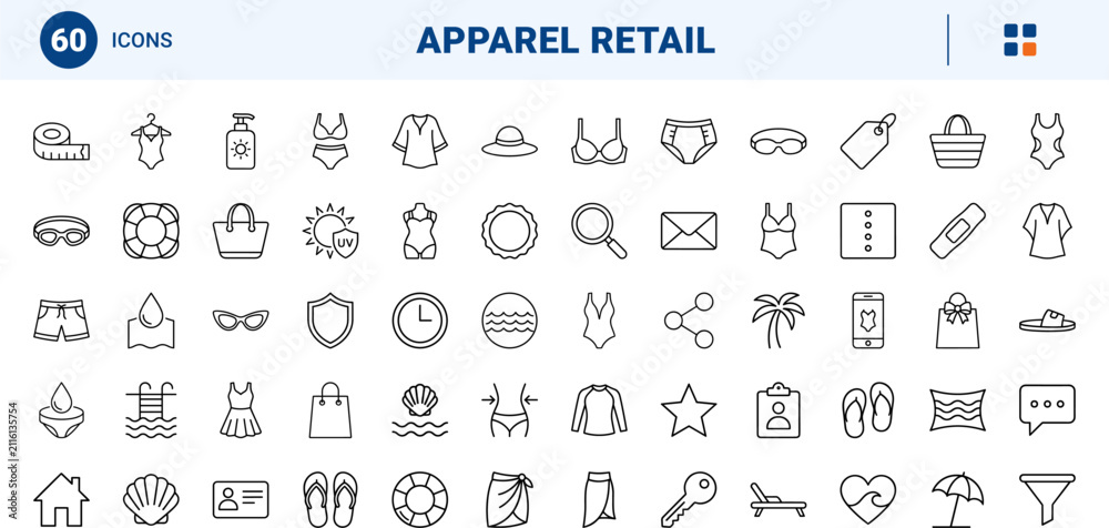 Fototapeta premium Plus size swimwear line icon set. Vector pictograms of swimwear, apparel, accessories, and shopping elements, thin linear illustration.