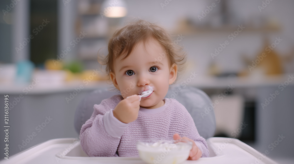 Fototapeta premium Happy toddler enjoying a healthy yogurt breakfast at home