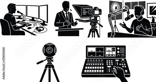 Canvastavla Media Production and Live Streaming Vector Silhouette Set Featuring Podcaster Ne