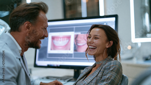 Happy patient consulting with a dentist after a successful dental examination