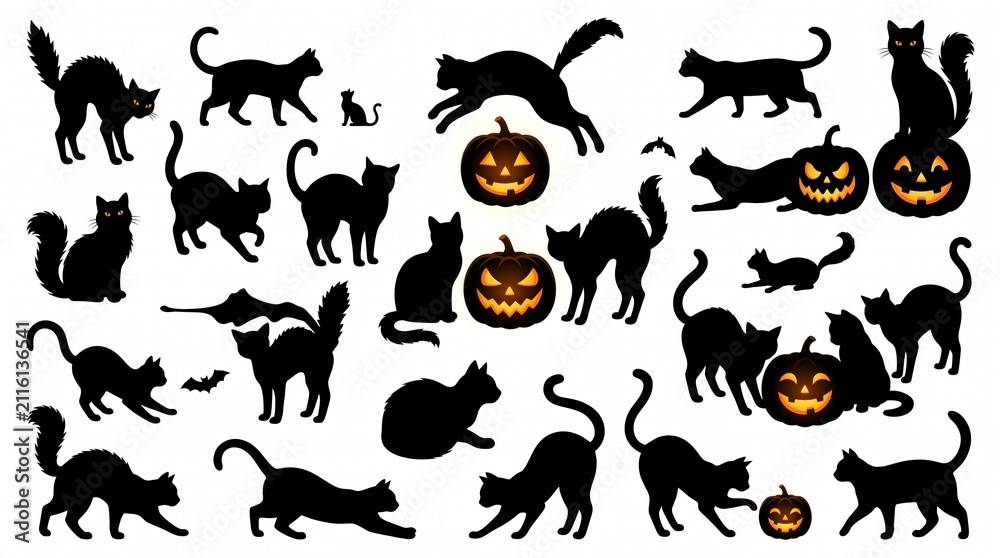 Obraz premium Set of black cat silhouettes and glowing jack o lantern pumpkins for halloween spooky holiday celebration design elements collection in various poses and expressive jumping stances
