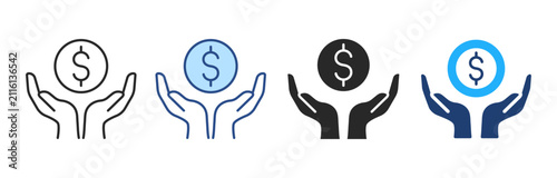 Hands holding a dollar coin icons. Saving money line, color, glyph, duotone concept for financial planning, banking and investment. Vector illustration.