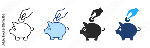 Saving money icon. Hand putting coin into a piggy bank. Vector line, color, glyph, duotone illustrations investment, financial growth and security.