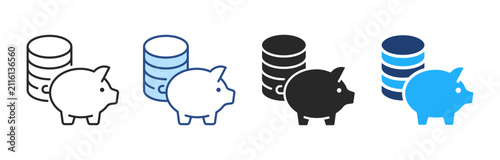 Piggy bank with coin icon for saving money. Financial investment and secure color, line, glyph, duotone symbols. Vector illustration.