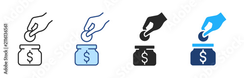 Saving money icon. Hand putting coin into a glass jar. Vector line, color, glyph, duotone illustrations investment, financial growth and security.