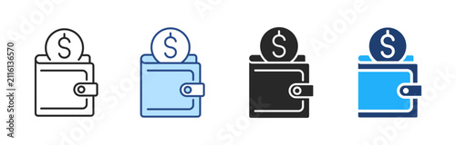 Wallet with dollar coin icons. Money saving, payment, budget management concept. Cash transaction, financial literacy line, color, glyph, duotone symbols. Vector illustration.