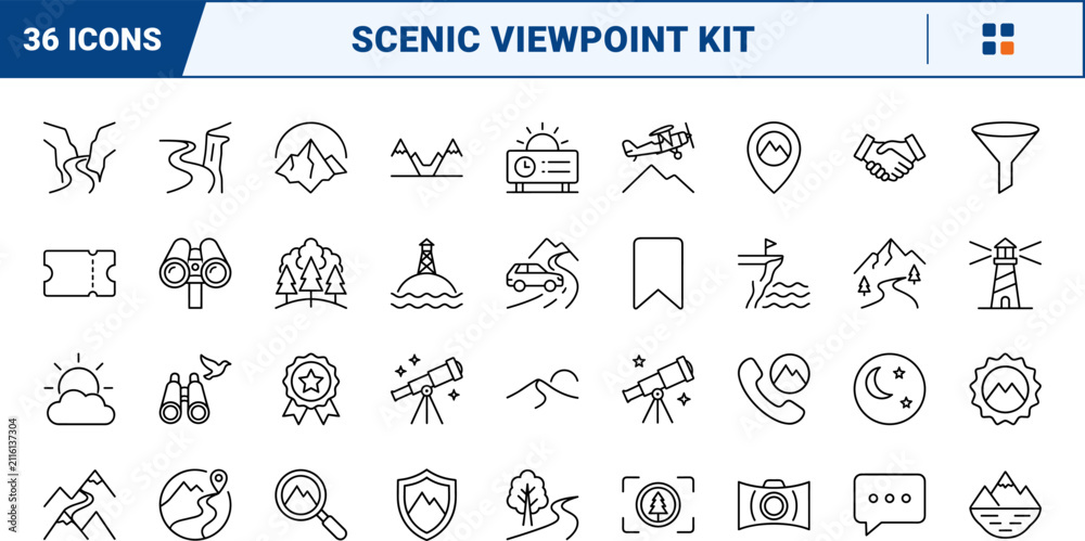 Obraz premium Scenic overlook finder complete website kit line icon set. Vector pictograms of viewpoint, mountain, trail, and observation elements, thin linear illustration.
