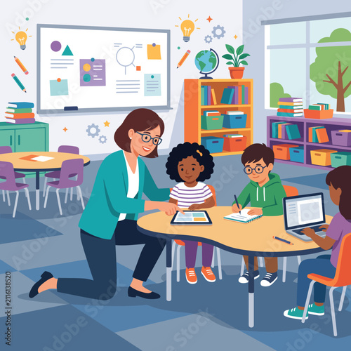 Teacher assisting students with schoolwork in a classroom setting.