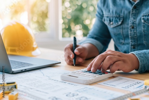 Engineer and architect planning construction project budget with blueprint calculator