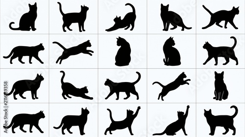 Set of black cat silhouettes in various poses including sitting standing walking stretching jumping and playing isolated as a collection of simple animal shapes for graphic design projects
