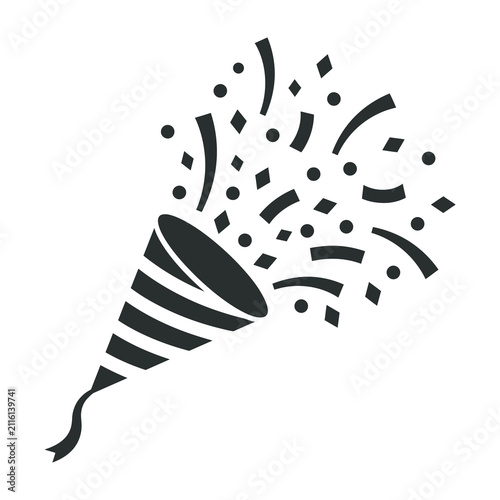 Black party horn with confetti and streamers on white background celebration symbol