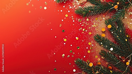 Vibrant Red Holiday Background with Sparkling Gold Confetti and Evergreens