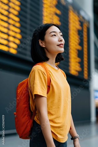 Young woman in yellow t-shirt with orange backpack at airport departures board for travel banner and poster background design