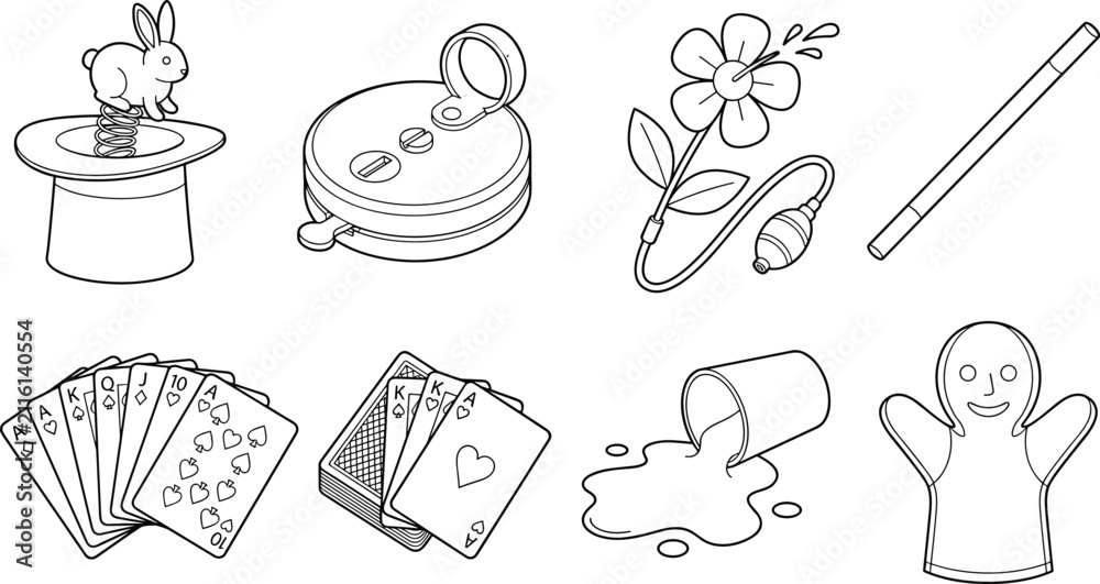 Obraz premium Magic trick set and novelty prank props line art vector collection
