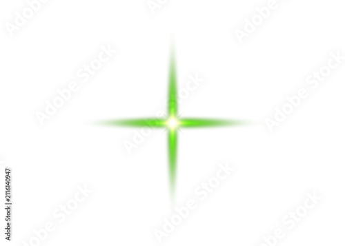A bright green four pointed star light effect with a soft glowing aura and sharp rays of light shown isolated on transparent background