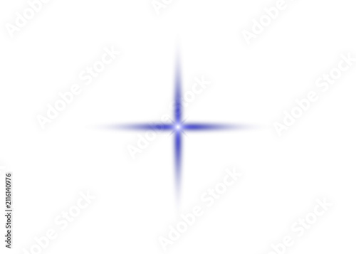 A bright blue four pointed star shape with a glowing light effect featuring a soft lens flare isolated on transparent background